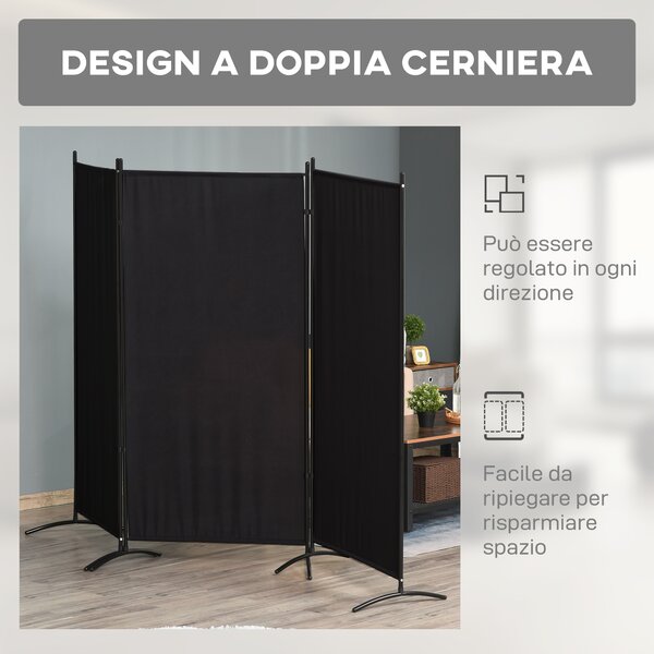 HOMCOM Paravento Separé da Interno a 3 Pannelli Pieghevole in Metallo e Poliestere, 253x50x182 cm, Nero | Aosom Italy