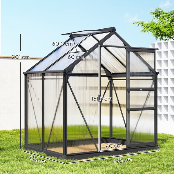 Outsunny Serra da Giardino con Grondaia, Finestra e Porta Scorrevole, in Policarbonato Anti UV, 190x132x201cm, Grigio | Aosom Italy