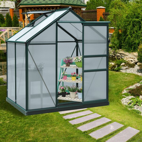Outsunny Serra da Giardino con Grondaia, Finestra e Porta Scorrevole, in Policarbonato Anti UV, 190x132x201cm, Verde Scuro | Aosom Italy