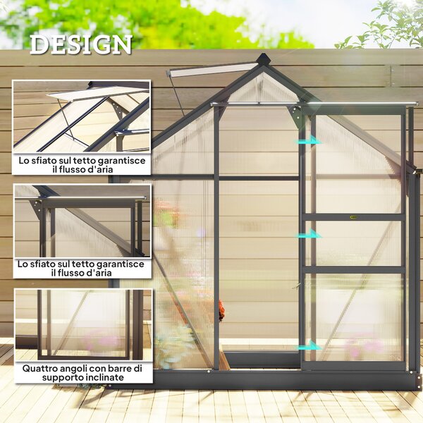 Outsunny Serra da Giardino con Grondaia, Finestra e Porta Scorrevole, in Policarbonato Anti UV, 190x132x201cm, Grigio | Aosom Italy
