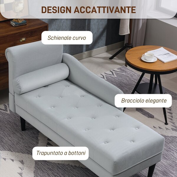 HOMCOM Chaise Longue con Rivestimento Trapuntato Effetto Velluto Grigio, in Legno Massello e Spugna, 146x61x82.5 cm | Aosom Italy