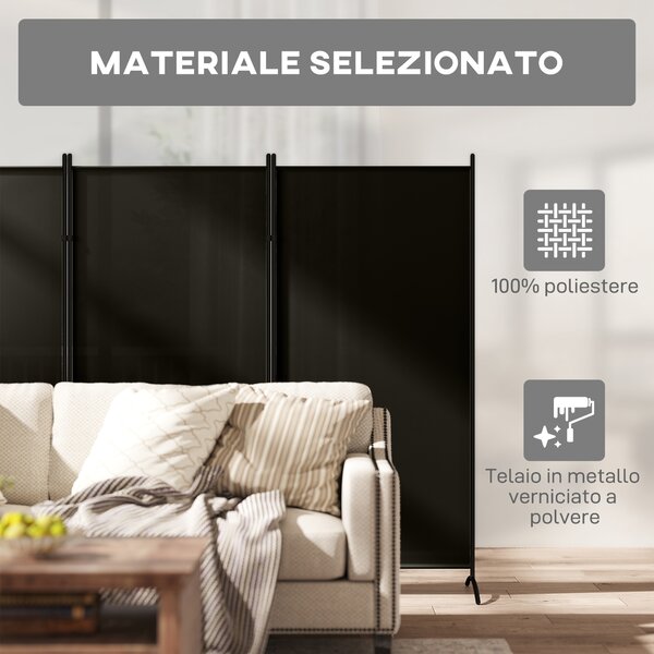 HOMCOM Paravento Separé da Interno a 3 Pannelli Pieghevole in Metallo e Poliestere, 253x50x182 cm, Nero | Aosom Italy