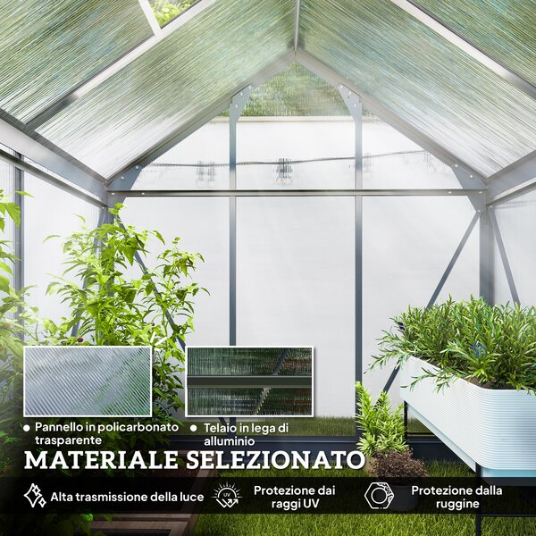 Outsunny Serra da Giardino con Grondaia, Finestra e Porta Scorrevole, in Policarbonato Anti UV, 190x132x201cm, Grigio | Aosom Italy