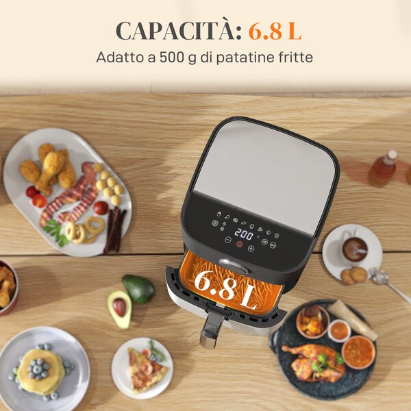 HOMCOM Friggitrice ad Aria da 8L, Air Fryer 1700W con 8 Programmi e Circolazione Aria Calda a 360°, Display LED, Nero | Aosom Italy