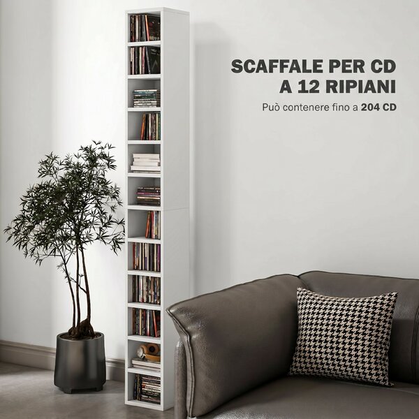 HOMCOM Mobile Libreria Porta CD a 12 Ripiani per 204 CD, in MDF e Truciolato, 21x20x175 cm, Bianco | Aosom Italy