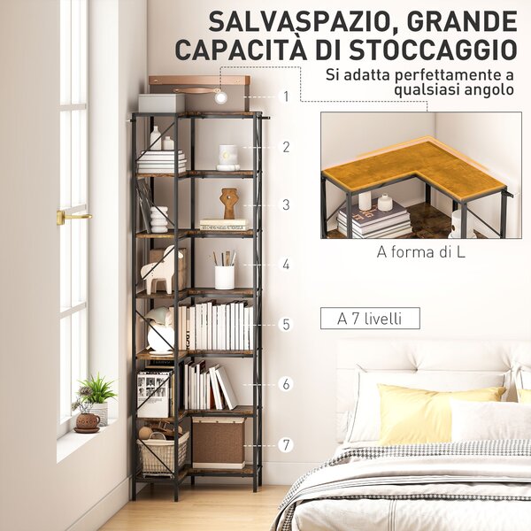 HOMCOM Libreria Angolare Industriale a 7 Livelli, in Legno e Acciaio, 60x60x198 cm, Marrone Rustico | Aosom Italy