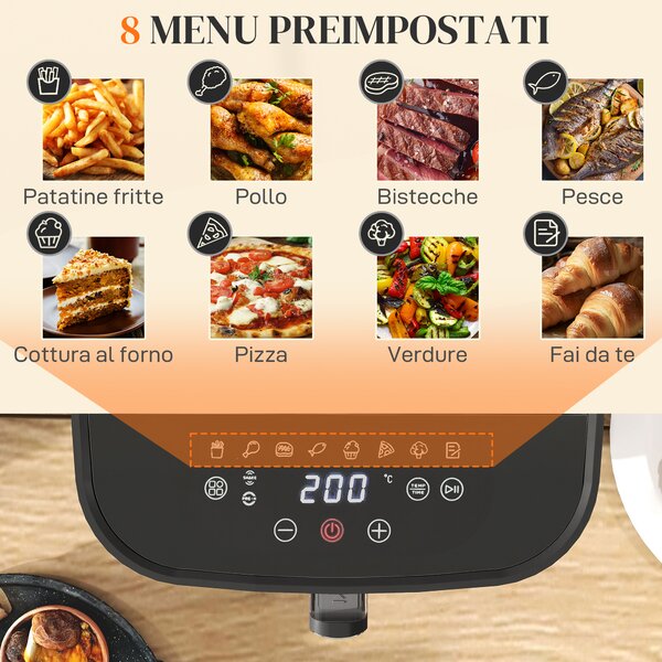 HOMCOM Friggitrice ad Aria da 8L, Air Fryer 1700W con 8 Programmi e Circolazione Aria Calda a 360°, Display LED, Nero | Aosom Italy