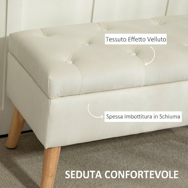 HOMCOM Cassapanca Pouf Contenitore Poggiapiedi 80x35x42 cm in Velluto, Gambe in Legno di Caucciù, Crema | Aosom Italy