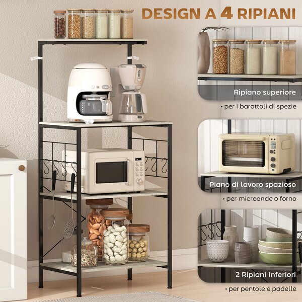 HOMCOM Scaffale Cucina a 4 Livelli con Pannelli a Rete e 8 Ganci Stile Industriale, 60x42x134.5 cm, Rovere | Aosom Italy