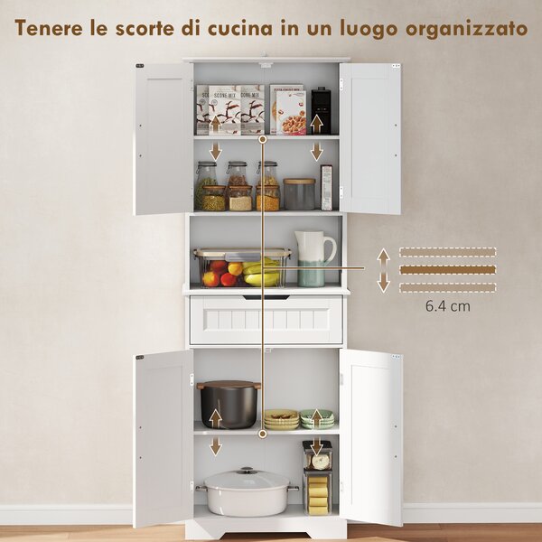 HOMCOM Credenza Cucina con 2 Armadietti e Cassetto, Piano Centrale Aperto e Ripiani Regolabili, Bianco | Aosom Italy