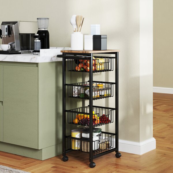 HOMCOM Carrello da Cucina con 4 Cestini Estraibili, Ruote e Freni, Acciaio e Legno, 49.5x31x91 cm, Rovere | Aosom Italy