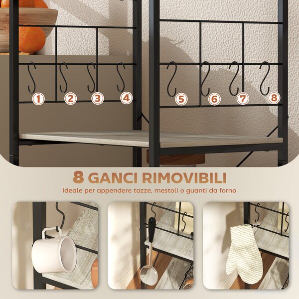 HOMCOM Scaffale Cucina a 4 Livelli con Pannelli a Rete e 8 Ganci Stile Industriale, 60x42x134.5 cm, Rovere | Aosom Italy