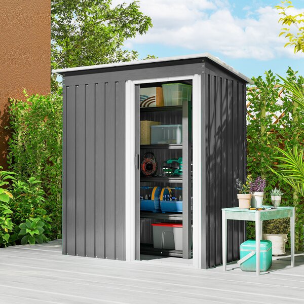 Outsunny Capanno Attrezzi con Tetto Inclinato e Porta Scorrevole, in Acciaio e PP, 163x89x182 cm, Grigio Chiaro | Aosom Italy