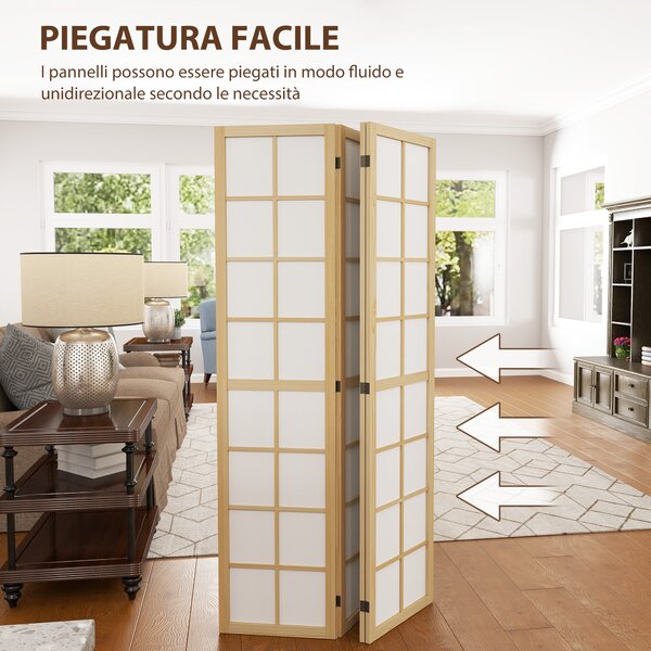 HOMCOM Paravento da Interno a 4 Pannelli Pieghevole in Legno e Tessuto, 160x170 cm, Colore Legno e Bianco | Aosom Italy