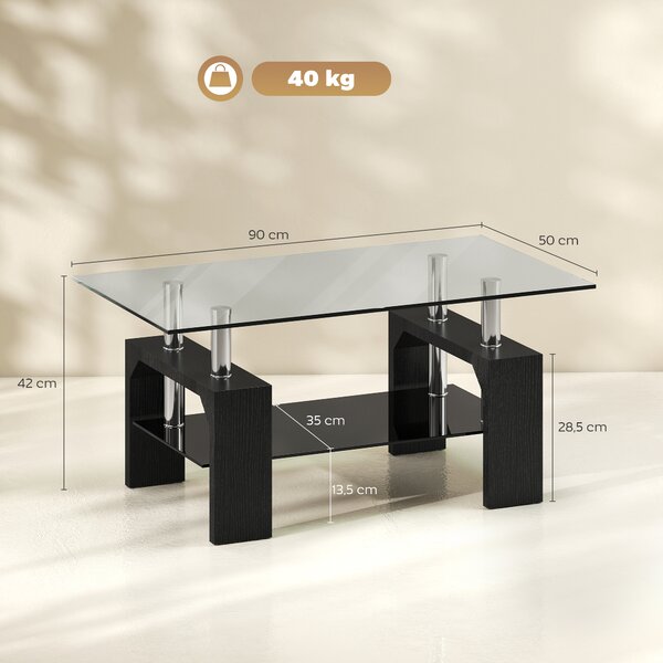 HOMCOM Tavolino da Caffè Moderno a 2 Livelli in Legno e Acciaio con Piano in Vetro Temperato, 90x50x42 cm, Nero | Aosom Italy