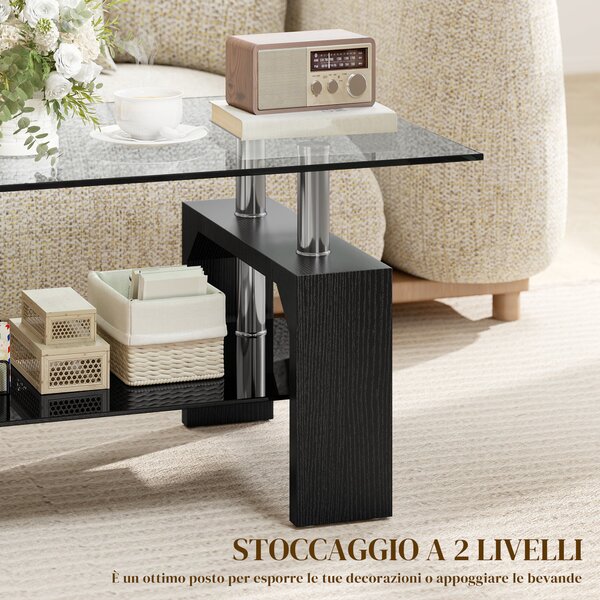 HOMCOM Tavolino da Caffè Moderno a 2 Livelli in Legno e Acciaio con Piano in Vetro Temperato, 90x50x42 cm, Nero | Aosom Italy