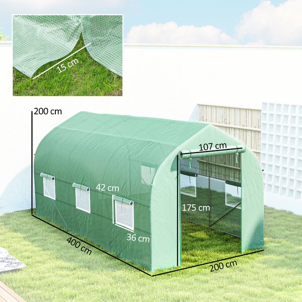 Outsunny Serra a Tunnel Anti-UV con 6 Finestre a Rete e Ingresso Arrotolabile, in Metallo e PE, 4x2x2 m, Verde | Aosom Italy