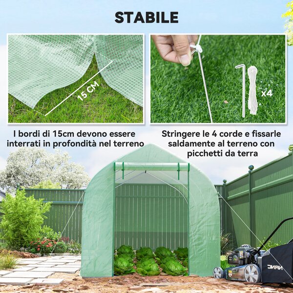Outsunny Serra a Tunnel Anti-UV con 6 Finestre a Rete e Ingresso Arrotolabile, in Metallo e PE, 4x2x2 m, Verde | Aosom Italy