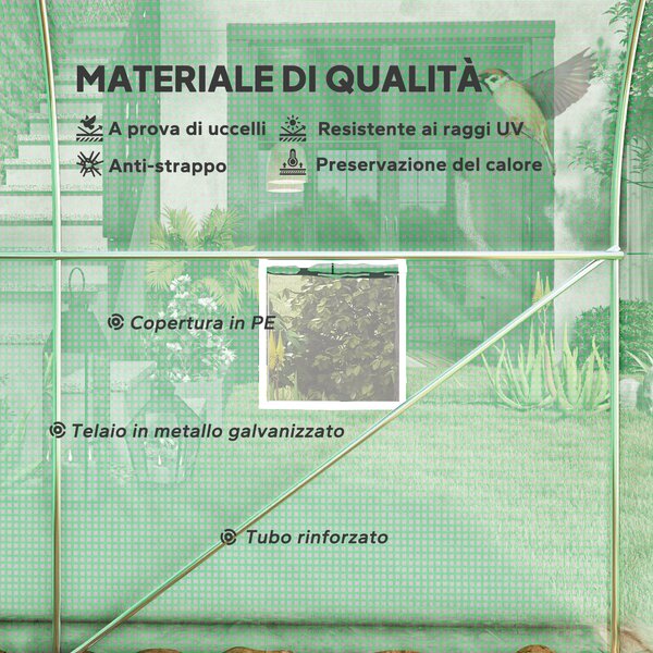 Outsunny Serra a Tunnel Anti-UV con 6 Finestre a Rete e Ingresso Arrotolabile, in Metallo e PE, 4x2x2 m, Verde | Aosom Italy