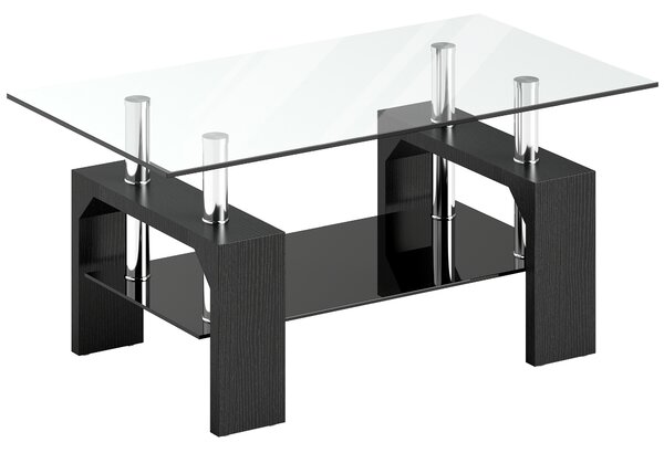 HOMCOM Tavolino da Caffè Moderno a 2 Livelli in Legno e Acciaio con Piano in Vetro Temperato, 90x50x42 cm, Nero | Aosom Italy