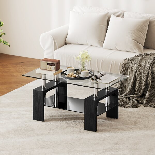 HOMCOM Tavolino da Caffè Moderno a 2 Livelli in Legno e Acciaio con Piano in Vetro Temperato, 90x50x42 cm, Nero | Aosom Italy
