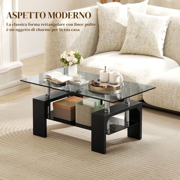 HOMCOM Tavolino da Caffè Moderno a 2 Livelli in Legno e Acciaio con Piano in Vetro Temperato, 90x50x42 cm, Nero | Aosom Italy