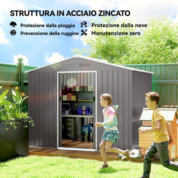 Outsunny Casetta da Giardino 2.3x1.7 m in Acciaio con Prese d'Aria e Doppia Porta Scorrevole, Effetto Legno | Aosom Italy