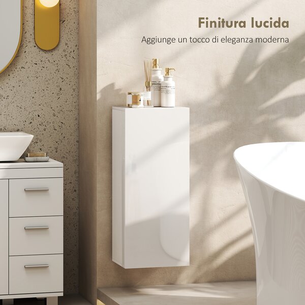 HOMCOM Mobiletto Bagno Pensile con 2 Ripiani in Vetro Regolabili e Anta Senza Maniglia, Bianco Lucido | Aosom Italy