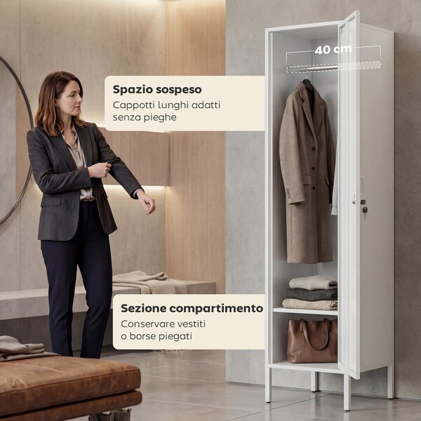 HOMCOM Armadio Metallico con Porta Chiudibile, Portanome e Asta Appendiabiti, 40x40x179 cm, Bianco | Aosom Italy