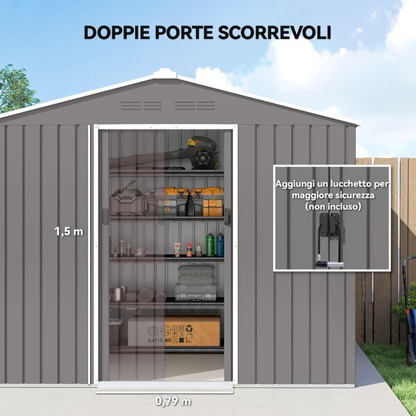 Outsunny Casetta da Giardino 2.3x1.7 m in Acciaio con Prese d'Aria e Doppia Porta Scorrevole, Effetto Legno | Aosom Italy