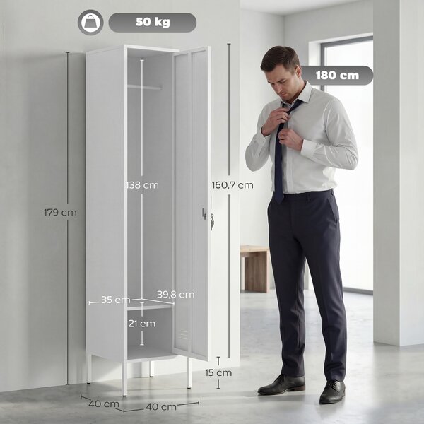 HOMCOM Armadio Metallico con Porta Chiudibile, Portanome e Asta Appendiabiti, 40x40x179 cm, Bianco | Aosom Italy