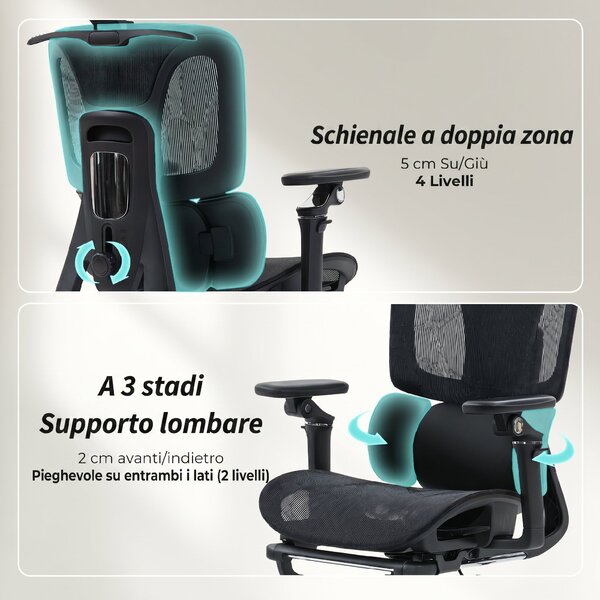 HOMCOM Sedia da Ufficio Ergonomica in Rete con Braccioli, Poggiatesta, Schienale Regolabili, Funzione Dondolo, Nero | Aosom Italy