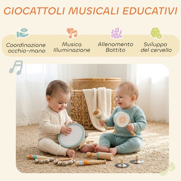 AIYAPLAY Strumenti Musicali per Bambini, Set Percussioni in Legno Montessori | Aosom Italy