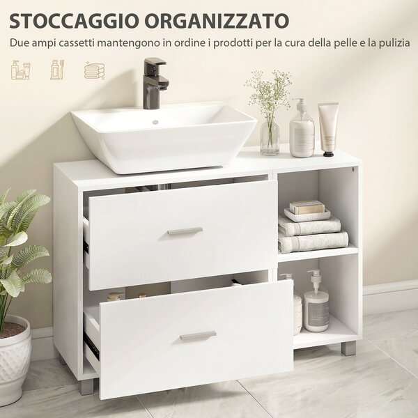 HOMCOM Mobile Sottolavabo Bagno con 2 Cassetti e Ripiani Aperti, in Legno, 90x30x60 cm, Bianco | Aosom Italy