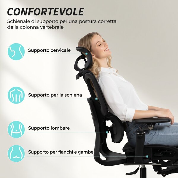 HOMCOM Sedia da Ufficio Ergonomica in Rete con Braccioli, Poggiatesta, Schienale Regolabili, Funzione Dondolo, Nero | Aosom Italy