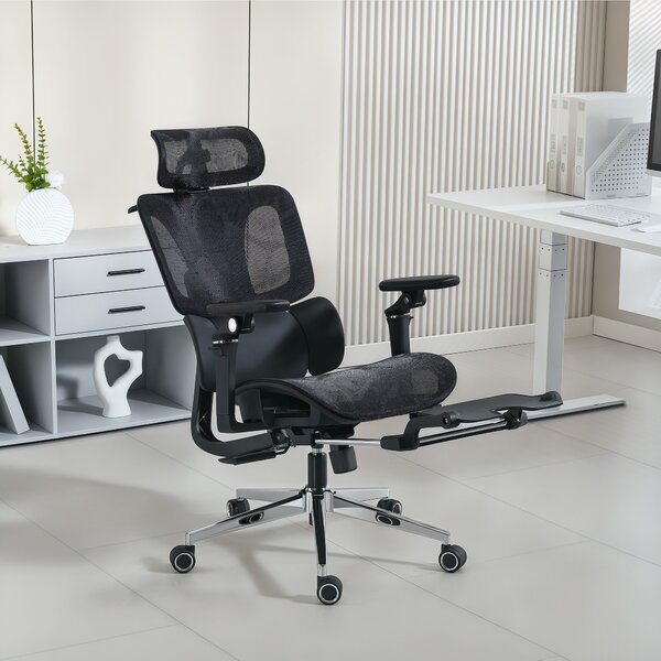 HOMCOM Sedia da Ufficio Ergonomica in Rete con Braccioli, Poggiatesta, Schienale Regolabili, Funzione Dondolo, Nero | Aosom Italy