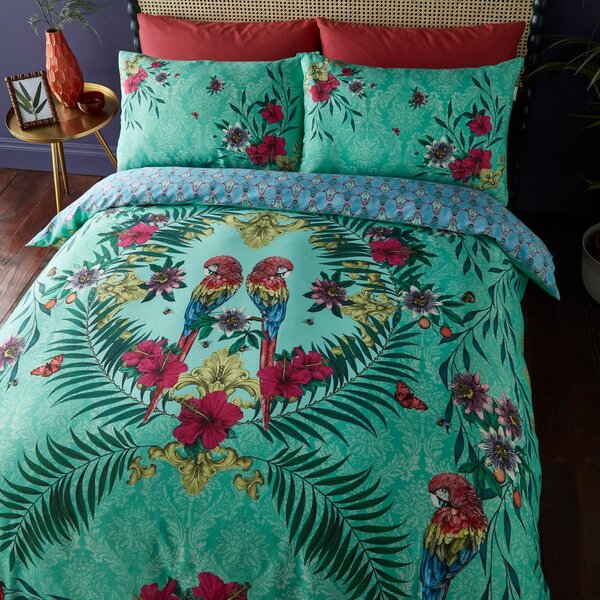 Set copripiumino e federa verde e blu in raso di cotone per letto singolo 135x200 cm Paradise Parrot – Matthew Williamson