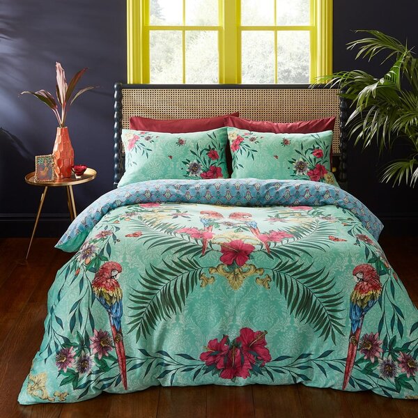Set copripiumino e federa verde e blu in raso di cotone per letto singolo 135x200 cm Paradise Parrot – Matthew Williamson