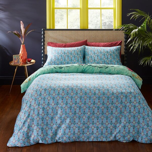 Set copripiumino e federa verde e blu in raso di cotone per letto singolo 135x200 cm Paradise Parrot – Matthew Williamson
