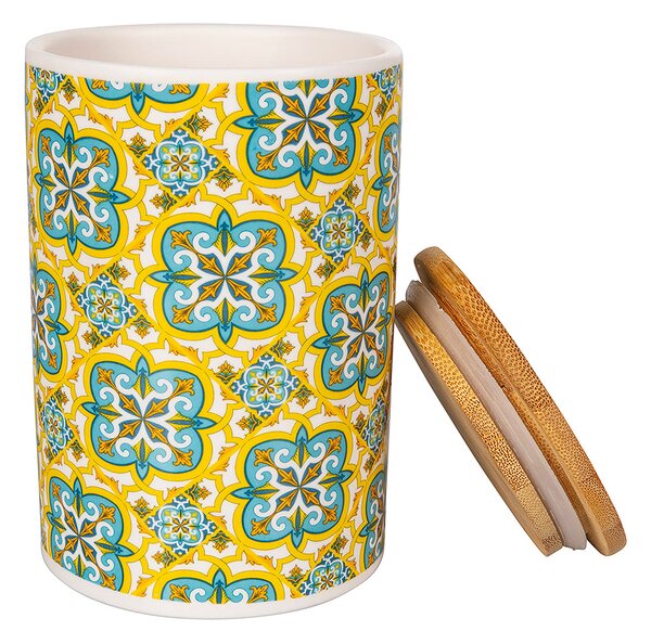 Barattolo grande 740 ml in ceramica con coperchio in bamboo e decoro portoghese - Yellow