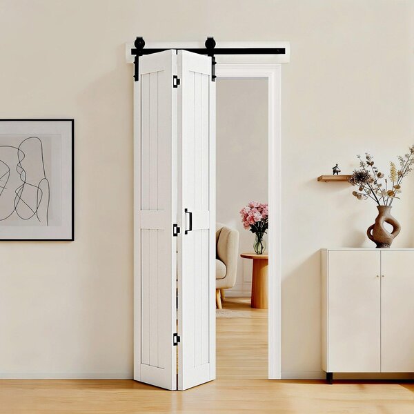 Porta scorrevole pieghevole - Stile porta da fienile - Dimensioni 914 x 2134 mm - MDF - Design salvaspazio con telaio a H - Set di ferramenta incluso - Per camera da letto e soggiorno - Bianco