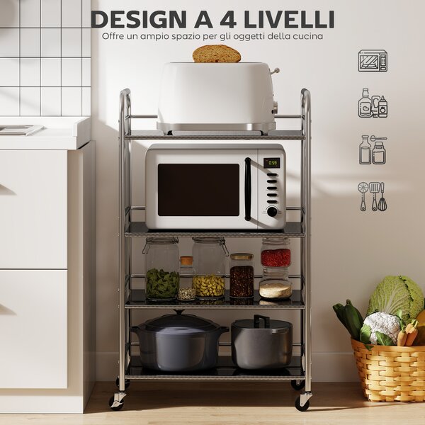 HOMCOM Carrello Multiuso a 4 Livelli con 2 Ripiani Regolabili e Bordi Rialzati, in Acciaio Inox, 60x35x100 cm | Aosom Italy