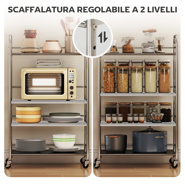 HOMCOM Carrello Multiuso a 4 Livelli con 2 Ripiani Regolabili e Bordi Rialzati, in Acciaio Inox, 60x35x100 cm | Aosom Italy