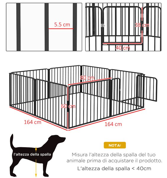 PawHut Recinto per Cani a 8 Pannelli Modulabili da Interno ed Esterno, in Acciaio, 164x164x60 cm, Nero | Aosom Italy