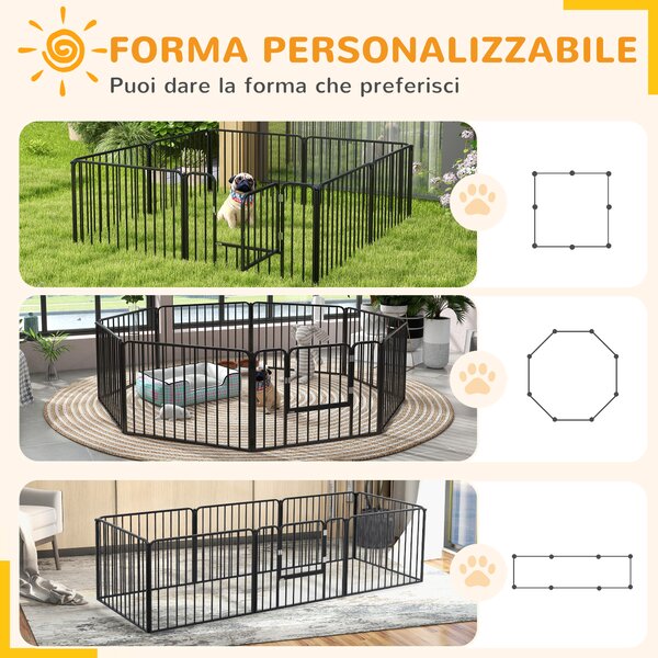 PawHut Recinto per Cani a 8 Pannelli Modulabili da Interno ed Esterno, in Acciaio, 164x164x60 cm, Nero | Aosom Italy