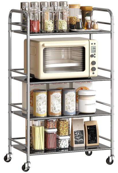 HOMCOM Carrello Multiuso a 4 Livelli con 2 Ripiani Regolabili e Bordi Rialzati, in Acciaio Inox, 60x35x100 cm | Aosom Italy