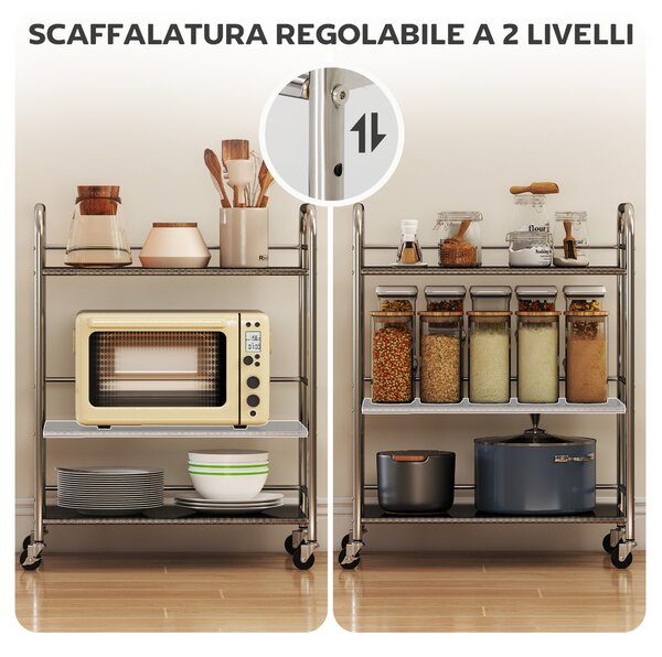 HOMCOM Carrello Multiuso a 4 Livelli con Ripiano Centrale Regolabile e Bordi Rialzati, in Acciaio Inox, 60x35x77 cm | Aosom Italy