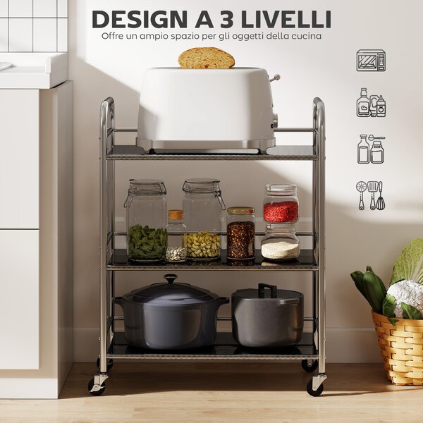 HOMCOM Carrello Multiuso a 4 Livelli con Ripiano Centrale Regolabile e Bordi Rialzati, in Acciaio Inox, 60x35x77 cm | Aosom Italy