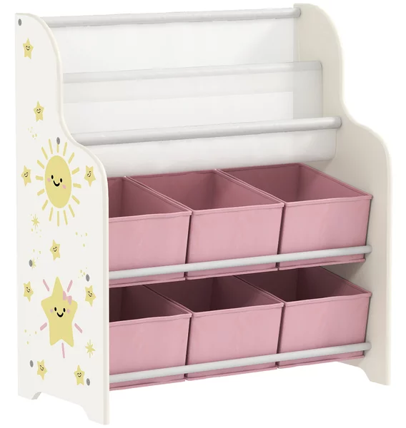 AIYAPLAY Scaffale Portagiochi con 6 Cassetti in Tessuto e Libreria a 2 Livelli, in Legno e Acciaio, 63x30x71 cm, Rosa | Aosom Italy