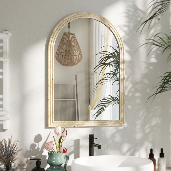 HOMCOM Specchio da Parete ad Arco con Bordo Scanalato e Ganci, in Vetro e Polistirene, 50x2x70 cm, Beige | Aosom Italy